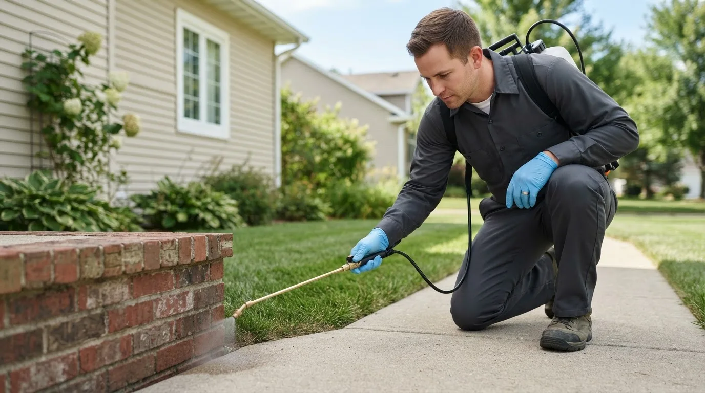 Pest control technician treating a home near May, TX